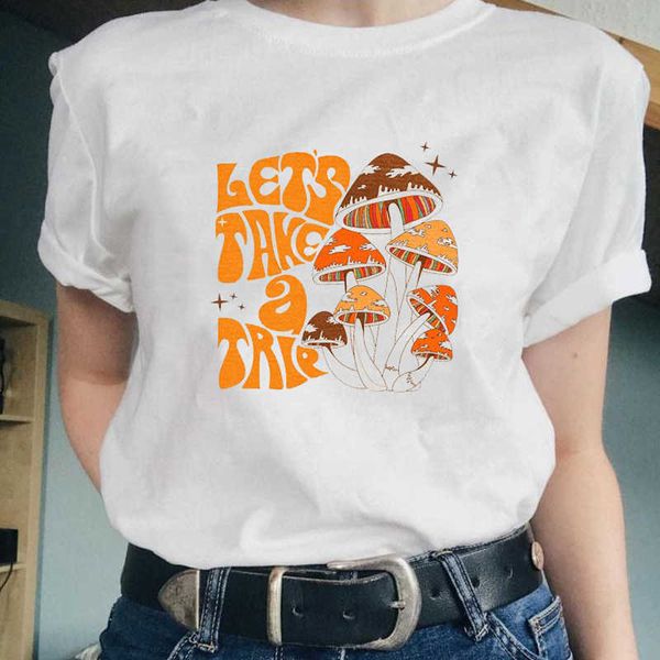 

women's t-shirt vintage fashion mushroom print oversized t shirt egirl grunge aesthetic streetwear graphic tees women t-shirts cute cl, White