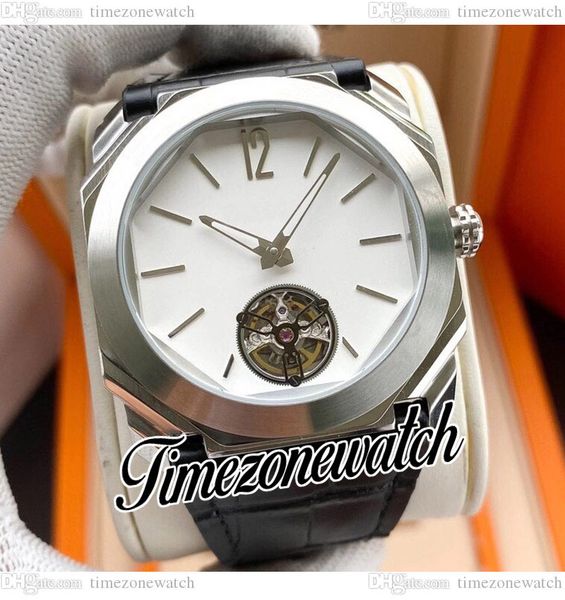 

djf octo finissimo 102346 102138 automatic mens watch tourbillon white dial stick markers steel case leather strap new watches timezonewatch, Slivery;brown