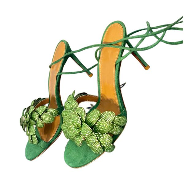 

womens 2023 designer summer slingback sandal crystal bling slide slipper shoe genuine leather high thin heel flat round open toe, Black