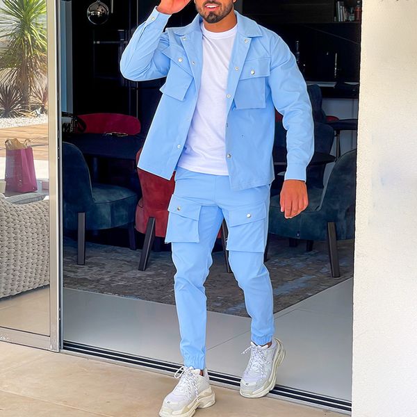 

men's tracksuits sky blue workwear jacket trouser set casual simple fashion trend hiphop overalls youth sports suit 230222, Gray