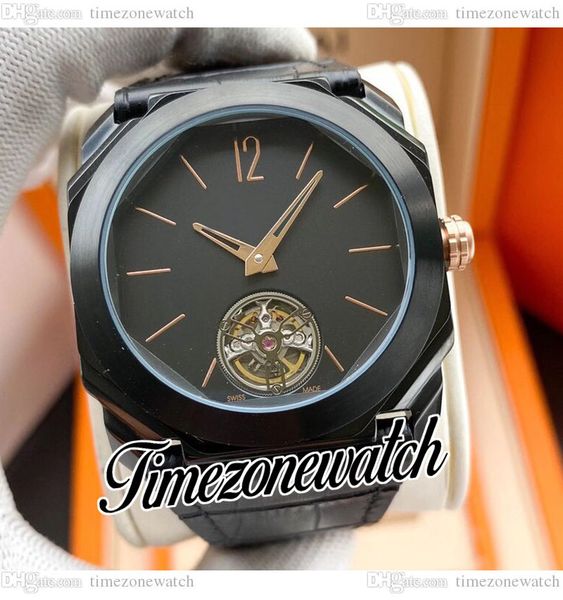 

djf octo finissimo 102560 automatic mens watch tourbillon black dial stick markers pvd black steel case leather strap new watches timezonewa, Slivery;brown