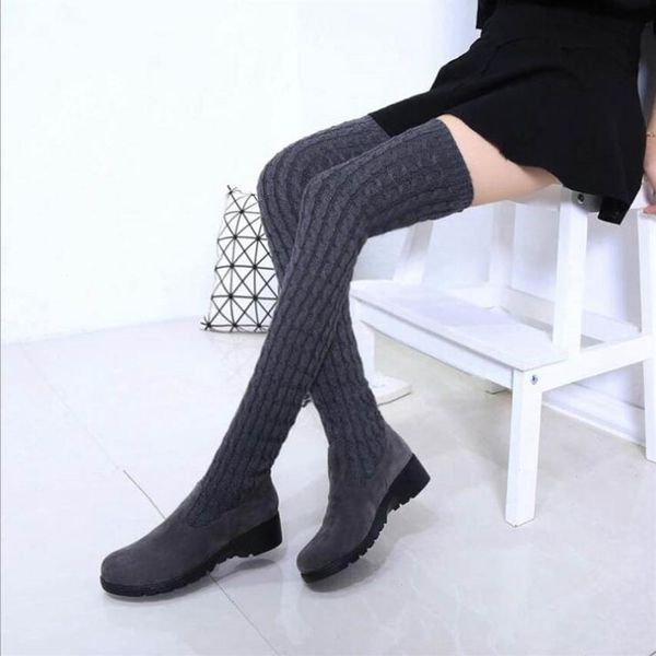 

fashion knitted women knee thigh high boots elastic slim autumn winter warm long woman shoes288o, Black