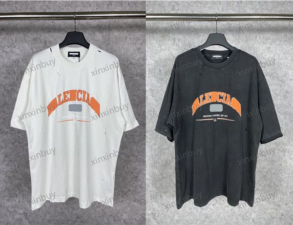 

xinxinbuy men designer tee t shirt 23ss paris destroyed letter print short sleeve cotton women white black khaki grey xs-2xl, Black;brown