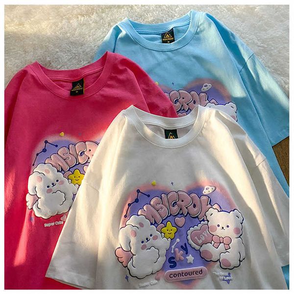 

women's t-shirt sweet and cool japanese cartoon candy color kawaii love bear print embroidered t-shirt female ins tide summer oversize, White