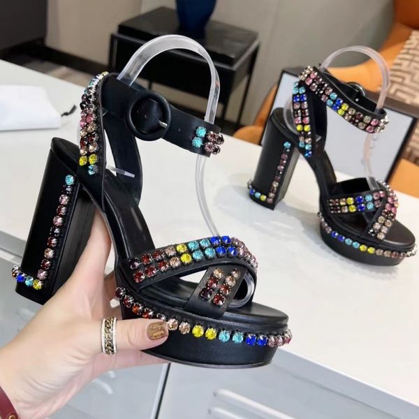 

women's sandals women's high-heeled sandals luxury designer thick-soled classic front water platform 3cm embellished ankle strap w, Black