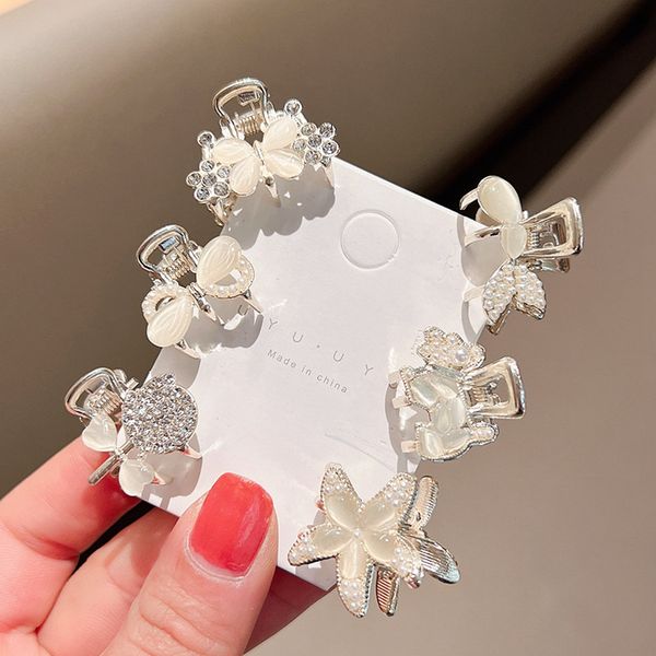 

fashion hollow cat eyes stone heart metal ribbon hair claw clips simple mini gold geometric bangs barrettes jaws for women girls daily 1703, Slivery;white