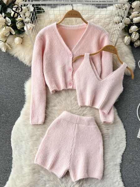 

women s two piece pants singreiny fashion solid women knit suits single breasted v neck cardigan mini camis slim short sweater three sets 23, White
