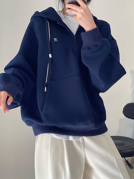 

women's hoodies sweatshirts spring and autumn korean ins simple design sense embroidered hooded sweater loose profile air layer casual, Black