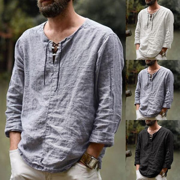 

men's casual shirts linen cotton men shirts casual solid color lace-up chest linen blend tee shirts autumn loose v-neck long sleeve mal, White;black