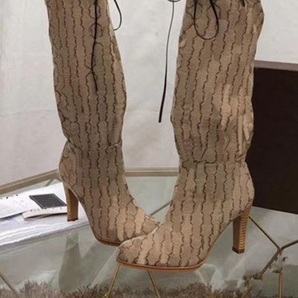 

designer women boots genuine leather red beige canvas over the knee boot zipper laces fashion luxury high heel womens casual heels shoes boo, Black