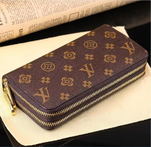 

Designers Double ZIPPY WALLET 60017 Single Zipper Wallet Women Genuine Leather Wallets Clutch Long Classical, Brown flower