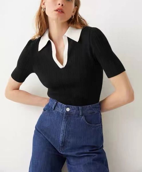 

women's blouses shirts black tshirt summer short sleeve polo vneck thin knit blouse design sense of temperament tee 230223, White