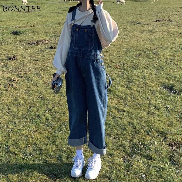 

women's jumpsuits rompers denim women jumpsuits vintage button pockets japanese style sweet fresh trendy ins full length straight all, Black;white