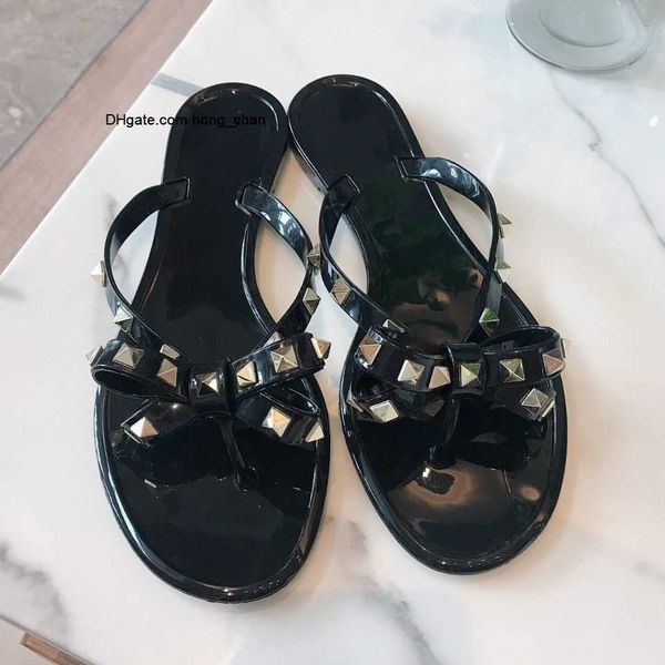 

2017ss woman new summer slippers sandals rivets big bowknot flip flops beach sandalias femininas flat jelly designer sandals, Black