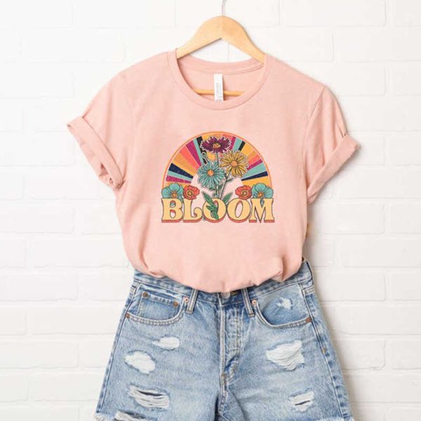 

women's t-shirt women's bloom floral print graphic tee 80s 90s egirl cotton hippie boho style retro t shirt cute funny vintage l23, White