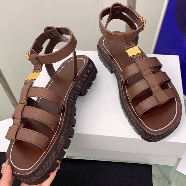 

new brown leather womens sandal summer casual comfortable sandals generous fashion followers thick soles square toe luxury sandals with orig, Black