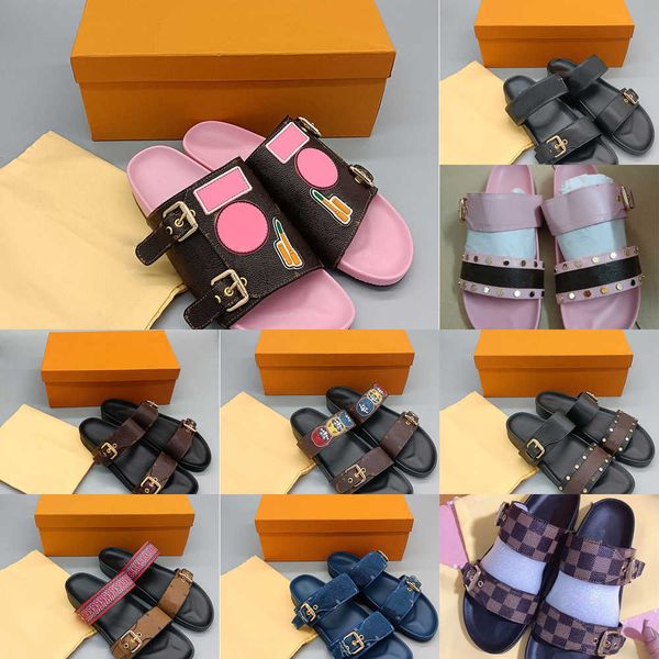 

2023 luxury designer women beach slippers summer bom dia flat mule sandal ladies gold-tone buckles two straps slide shoes size 35-45, Black