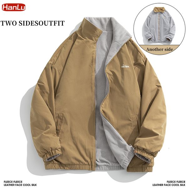 

men's jackets hanlu men's double sided jacket casual fashion stand collar male autumn winter keep warm clothes zipper fleece coats, Black;brown