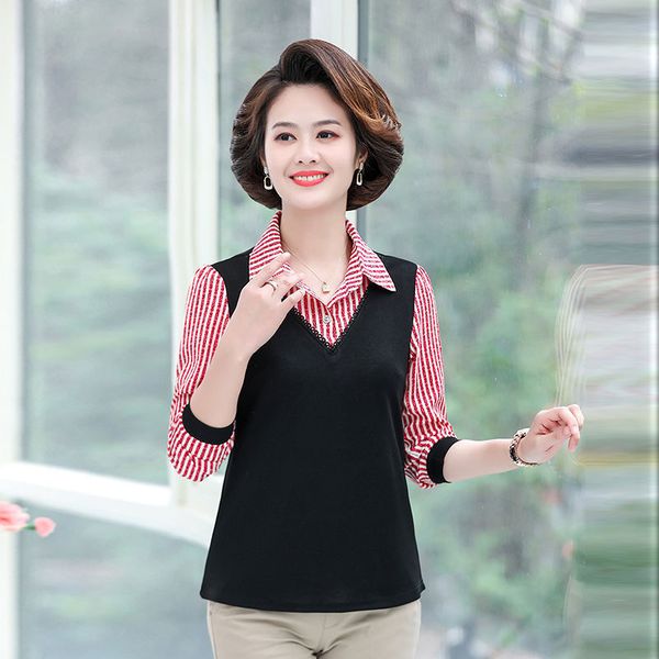 

women's blouses shirts spring summer striped bottoming shirt fashion loose longsleeved polo collar tshirt xl5xl 230223, White