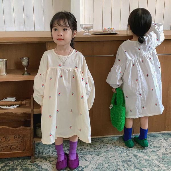 

girl's dresses spring autumn little princess cotton flower embroidery dress girls loose solid color princess dresses g230222, Red;yellow