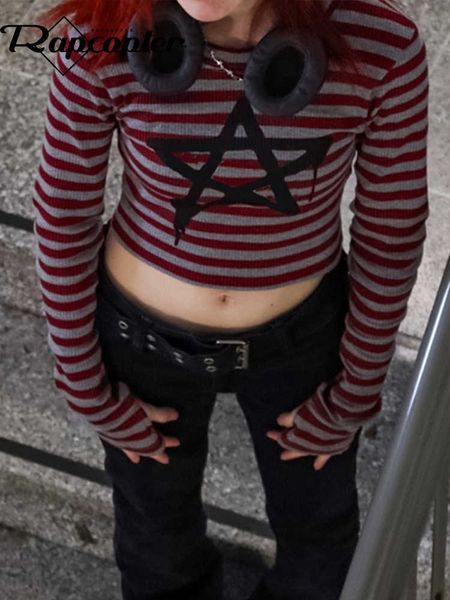 

women's t-shirt rapcopter y2k star striped crop o neck full sleeve grunge punk t shirt women korean chic pullovers goth black harajuku, White