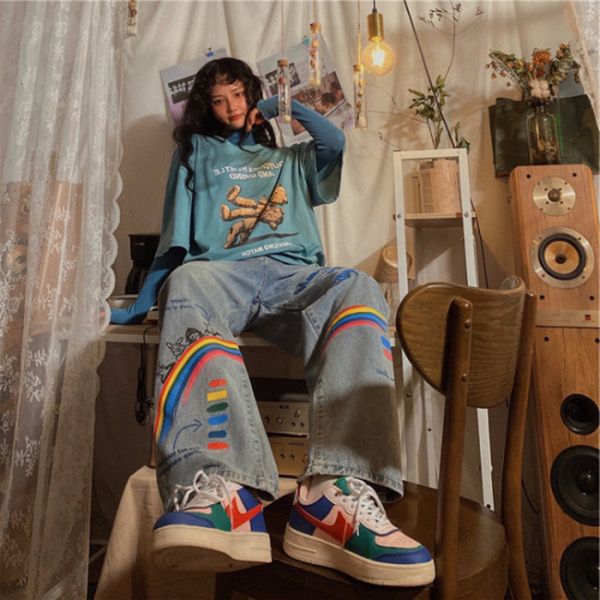 

women's jeans rainbow printed pants summer retro trousers denim washed loose casual street 230223, Blue