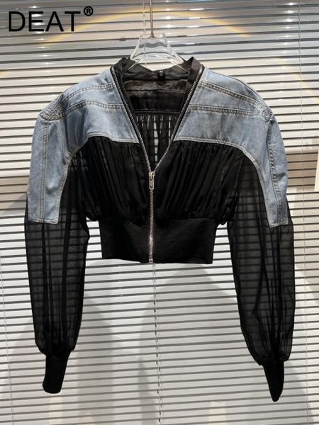 

womens jackets deat summer fashion women clothes vneck full sleeves zippers spliced denim contrast colors jacket short parka ww66305l 230223, Black;brown