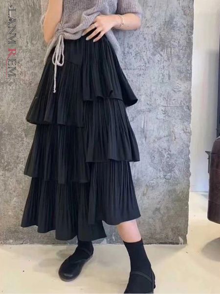 

skirts lanmrem asymmetric pleated cake skirt womens versatile medium and long ruffle irregular female fashion 2r1140 230223, Black