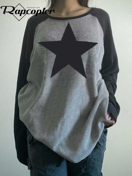 

women's t-shirt rapcopter y2k star t shirt patchwork o neck full sleeve loose pullovers women retro harajuku grunge tee autumn korean s, White