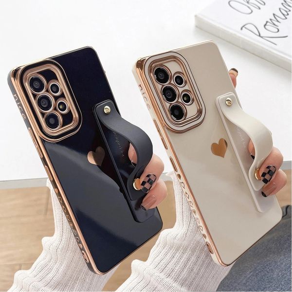 

luxury plating side love heart case for iphone 14 13 12 11 pro max samsung galaxy s23 plus s22 ultra s20 wrist strap cover