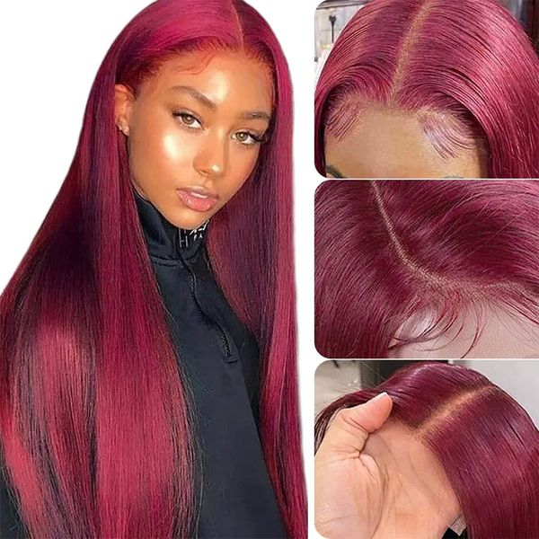 

burgundy hd transparent lace front human hair wigs 99j straight lace frontal wig for women pre plucked remy wonder girl, Black