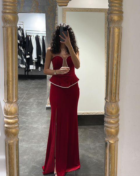 

sumnus red velvet mermaid evening party dresses beads strapless elegant prom side slit long formal event gowns, Black;red