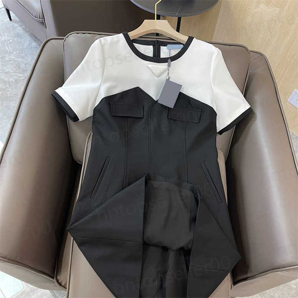 

womens designer dresses spring summer fashionable black and white patchwork round neck slim dress simple classic fake pocket design dichroma, Black;gray