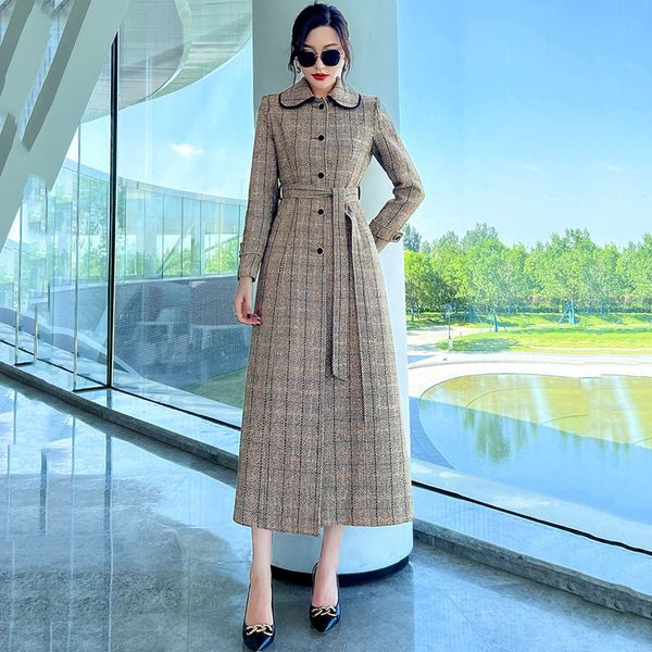 

women's jacket lady style plaid woolen overcoat spring autumn fashion simplicity turndown collar long sleeve overlength wool coat 23022, Black;brown