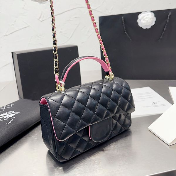 

women mini classic handle designer bags gold metal letter badge lambskin handbags contrasting colors inside and outside flap chain hardware