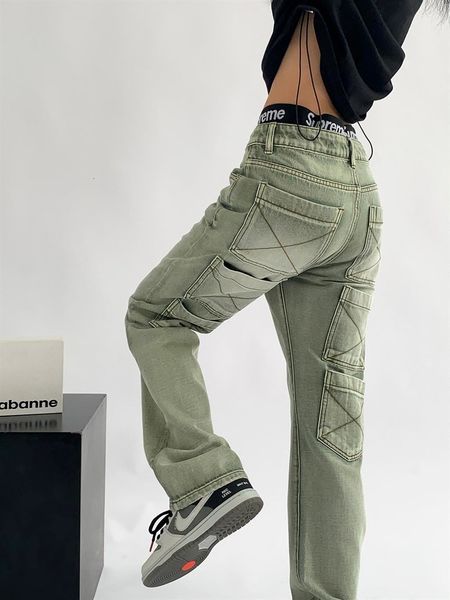 

women's jeans european and american green high waist multi pocket loose jean y2k street trend straight wide leg trousers 230223, Blue