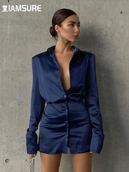 

casual dresses iamsure solid satin shirt dress elegant fashion office ladies turndown collar long sleeve mini for women autumn 230223, Black;gray