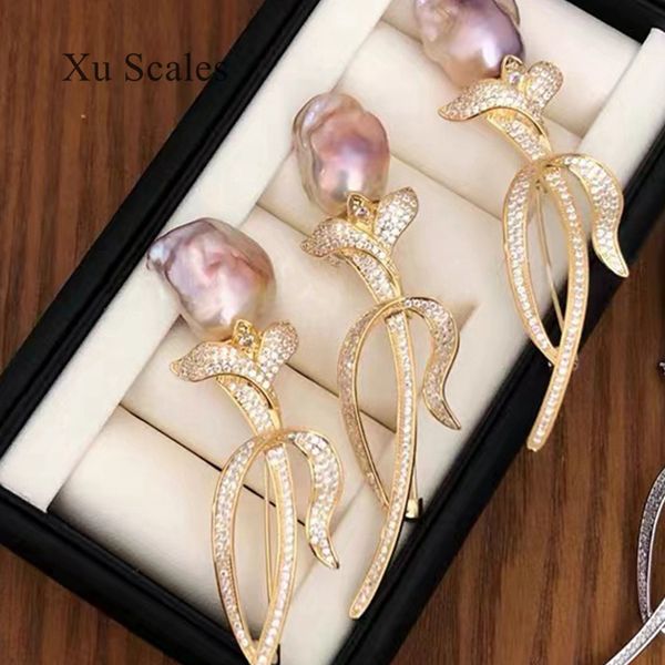 

pins brooches tulip natural freshwater pearl brooch aurora delicate pin 14k gold craft high sense 15 25mm baroque corsage woman s jewelry gi, Gray