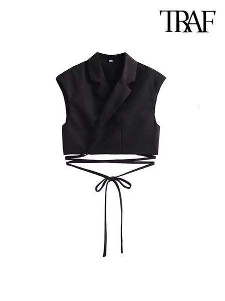 

women's vests traf women fashion with tied wrap cropped waistcoat vintage lapel collar sleeveless female outerwear chic vest 230222, Black;white