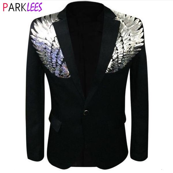 

mens suits blazers silver wing sequin patchwork black blazer one button shawl collar dress suit jacket wedding party singer stage prom costu, White;black