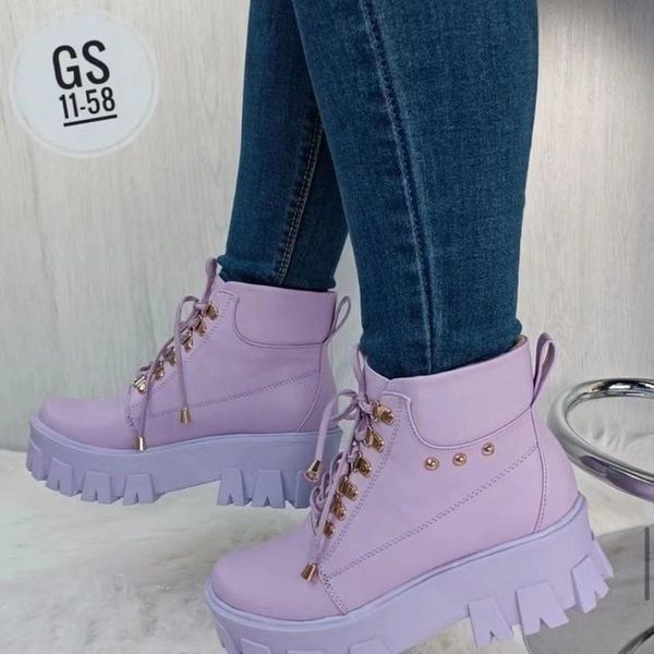 

boots 2023 winter ankle fashion purple platform chelsea shoes casual lace up warm punk rivets cozy rock women's combat botas 230223, Black