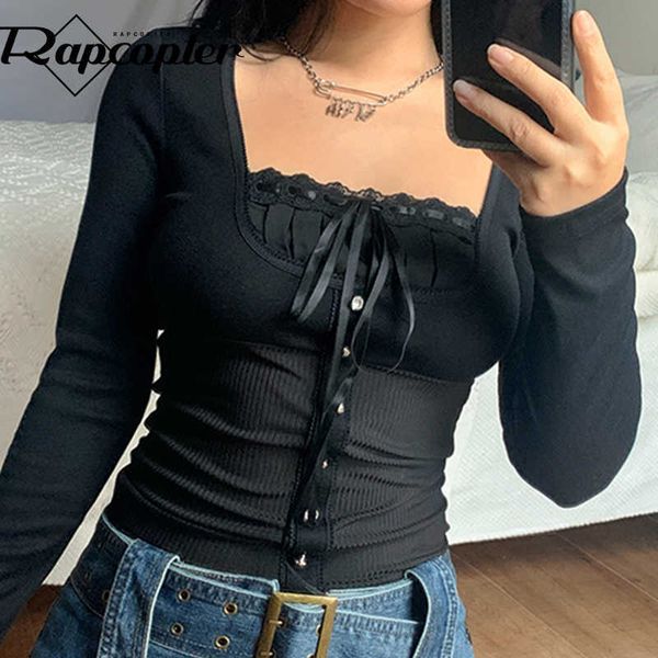 

women's t-shirt rapcopter lace trim crop cute sweet t shirt y2k button tie up prepply retro tee women korean vintage spring aesthetic 2, White