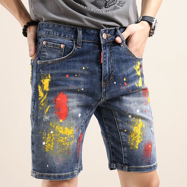 

designer shorts brushed painted american high street re-stitching denim medium, Blue