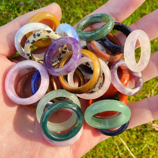 

width 6mm natural crystal stone ring aventurine sodalite red agates round thin ring set for women men jewelry party gifts diameter about 17-, Silver