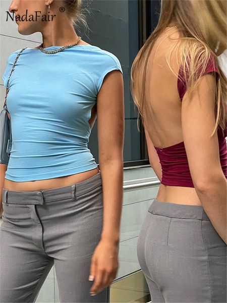 

women's tanks camis nadafair short sleeve backless multi ways wear skinny basic summer slim cropped cut out t shirt crop 230222, White