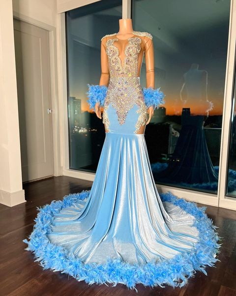 

2023 arabic aso ebi mermaid luxurious prom dresses beaded crystals feather evening formal party second reception birthday engagement gowns d, Black