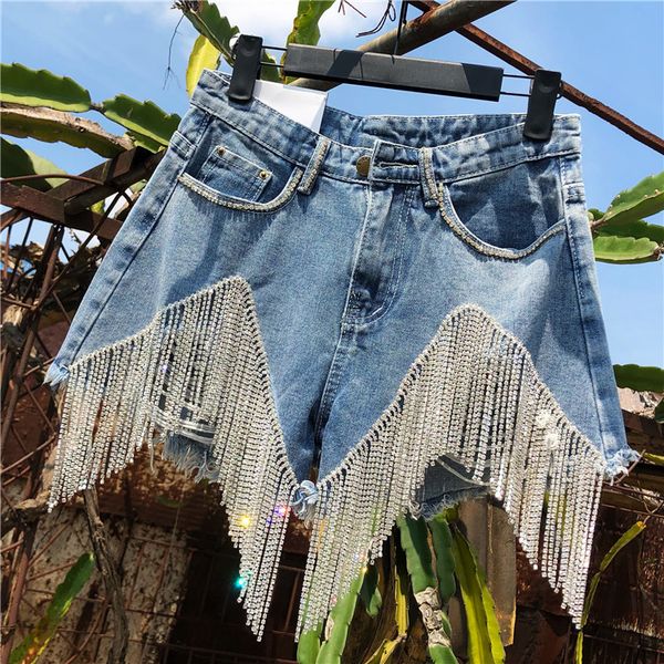 

women's shorts industry heavy chain tassel shiny thailand fashion denim women ripped high waist a line jean pants 230222, White;black