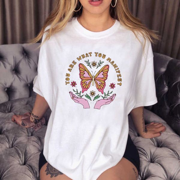 

women's t-shirt manifest hand butterfly graphic tee summer fashion casual funny aesthetic 100% cotton harajuku hipster women t-shirt l, White
