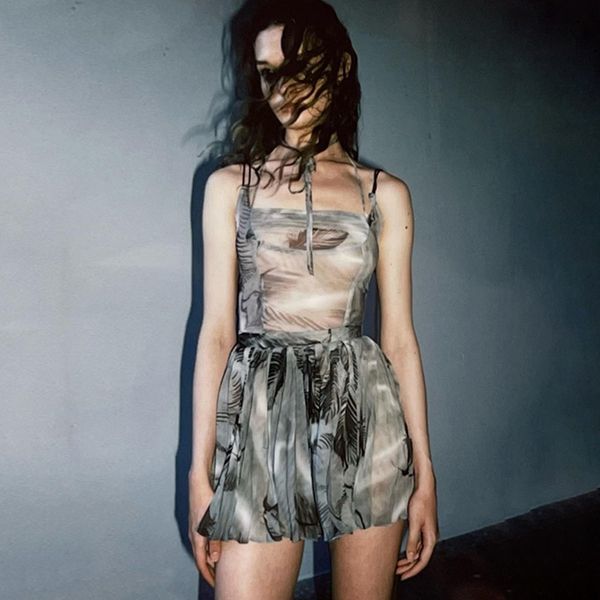 

casual dresses american style spicy girl open back lashing rope suspender women s individualized print panel pleated a line 230223, Black;gray