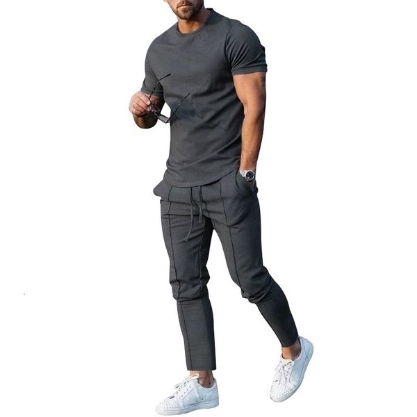 

men's tracksuits 2023 summer short sleeve tshirt suit trend solid color casual crewneck sweatshirt twopiece set size s4xl 230222, Gray